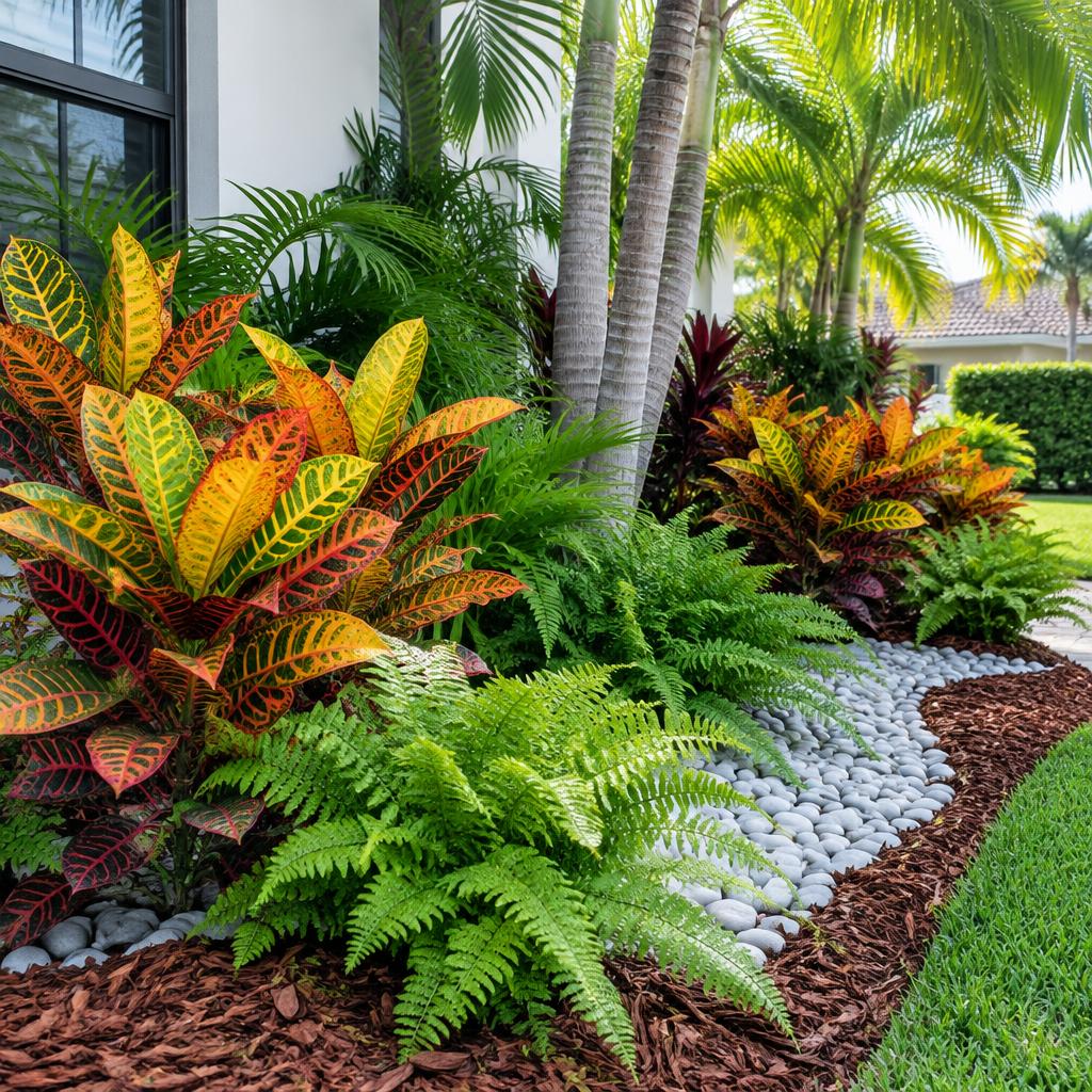 Tropical garden bed with crotons